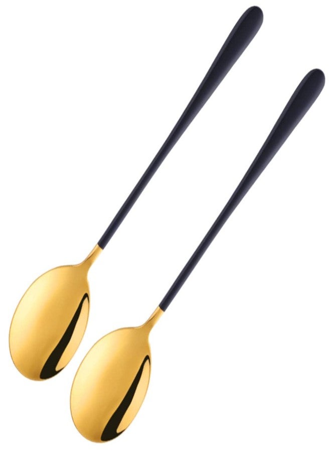 WE-CEF Gold Plated Stainless Steel Espresso Spoons Round Soup Spoon Korean Dinner Spoon Stainless Steel Table Spoons Korean Spoon with Long Handles(Black, Set of 2) - Image 1